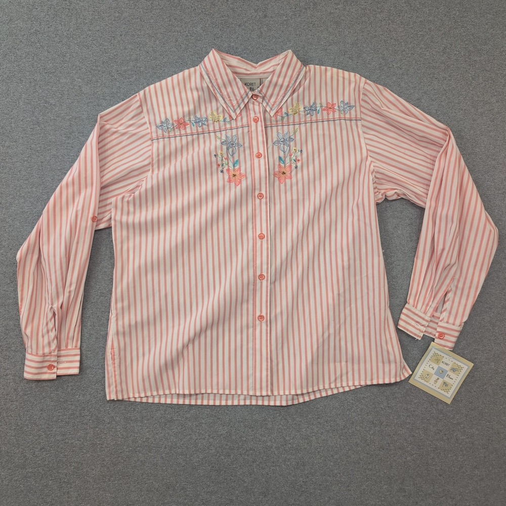 Koret City Blues Women's Large Striped Floral Embroidered Button Down Shirt Pink